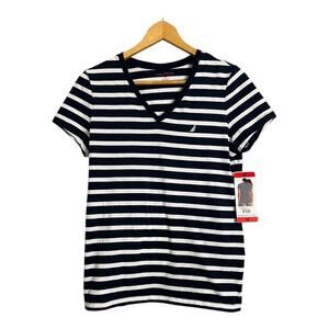 Nautica Womens T-Shirt Tee Shirt Casual Comfy Basic Blue White NWT Breton Stripe